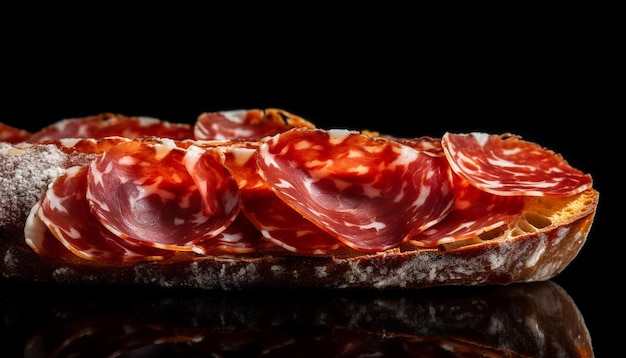 Pila di prosciutto rustico su tagliere di legno generato da AI