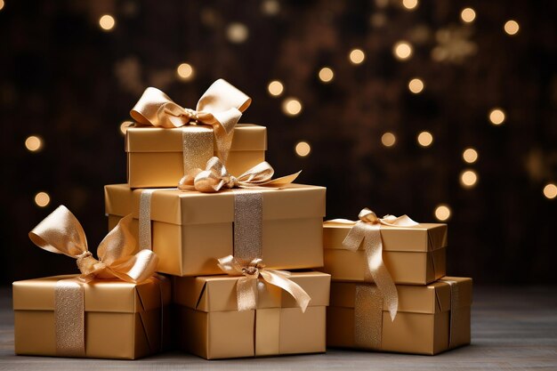 Pila di scatole regalo avvolte in carta dorata Generative Ai