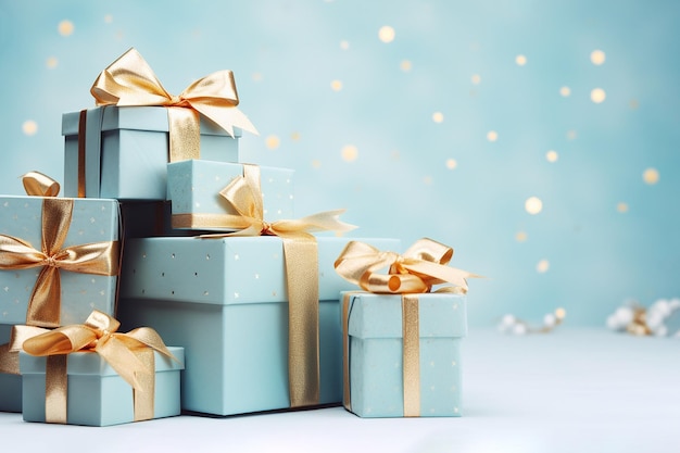 Pila di scatole regalo di Natale Mucchio di scatole regalo avvolte con fiocchi Composizione con copyspace Regalo di Natale San Valentino Concetto di compleanno Carta di felice anno nuovo