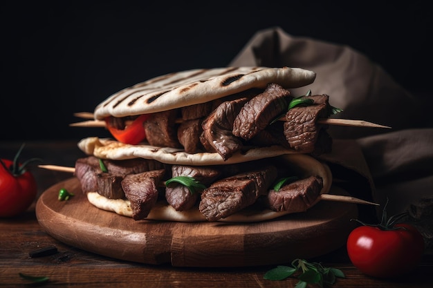 Pila di shishkabobs di manzo alla griglia avvolti in pane pita caldo