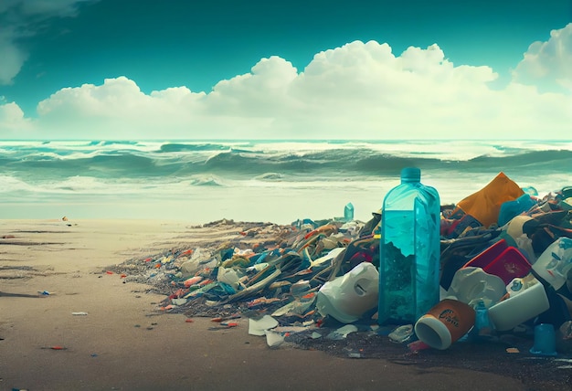 Pila di spazzatura sulla spiaggia Contaminazione dell'ambiente concetto generativo ai