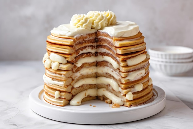 Pila di torte alla banana ogni strato separato da turbinii di ripieno cremoso