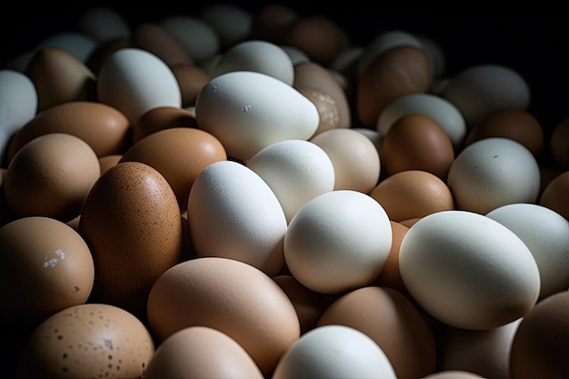 Pila di uova di pollo bianche e marroni IA generativa