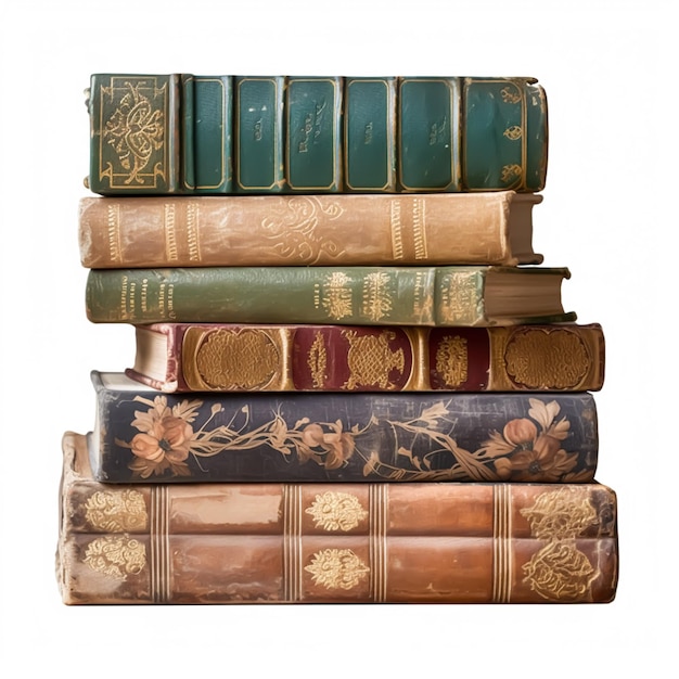 Pila di vecchi libri d'epoca antichi isolati su sfondo bianco lettura nella vecchia biblioteca e educazione generativa ai