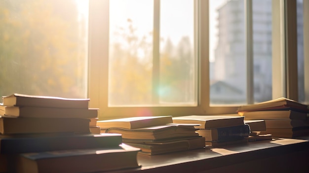 Pila di vecchi libri in natura su tavola di legno con sfondo verde sfocato genera ai