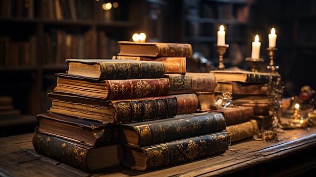 Pila di vecchi libri sulla tavola di legno in una stanza della biblioteca