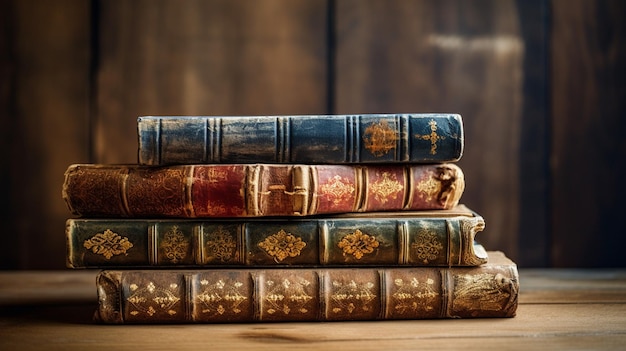 pila di vecchi libri sulla tavola di legno