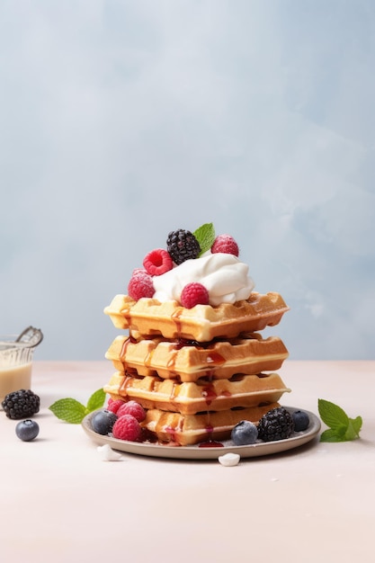 pila di waffle quadrate con bacche e panna montata