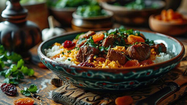 Pilaf azero con carne e frutta secca su un vassoio