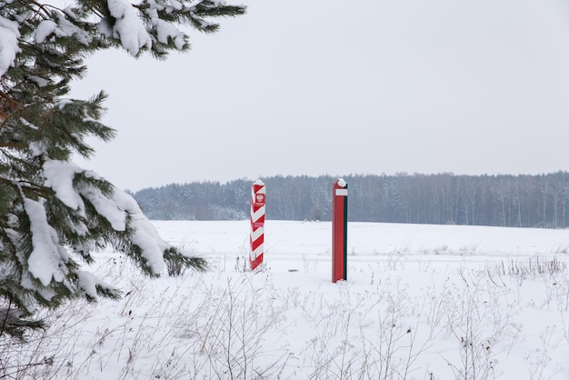 Pilastri di confine della Bielorussia e della Polonia al confine in un campo invernale