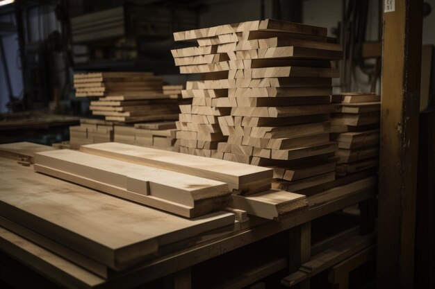 Pile di assi di legno per il prossimo progetto di un intagliatore creato con l'IA generativa