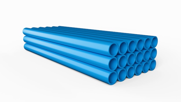 Pile di collegamento per tubi in PVC blu Tubi in PVC per l'illustrazione 3d di acqua potabile