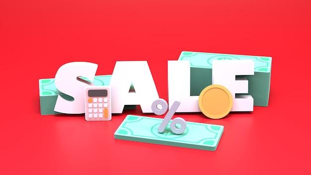 Pile di dollari e vendita di testo 3d rendono l'illustrazione