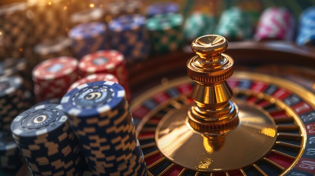 Pile di fiches colorate e ruota della roulette in un casinò