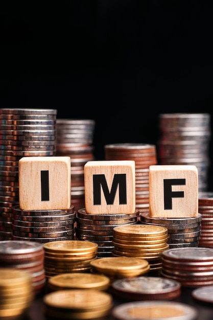 Pile di monete d'oro con le lettere FMI (Fondo monetario internazionale) su un cubo di legno. Affari c
