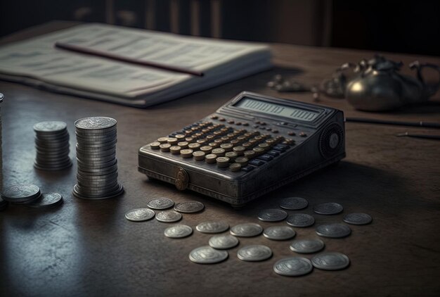 Pile di monete e una calcolatrice sono su un tavolo