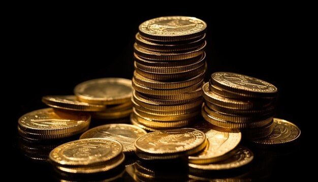 Pile di oro e valuta simboleggiano la ricchezza e la prosperità generate dall'intelligenza artificiale