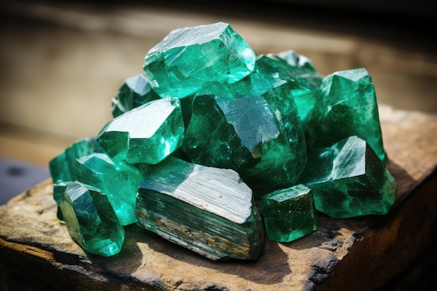 Pile di smeraldo cristalli verdi pietre preziose costose close-up verdi diamanti luccicanti fantasia minerale generativa IA illustrazione