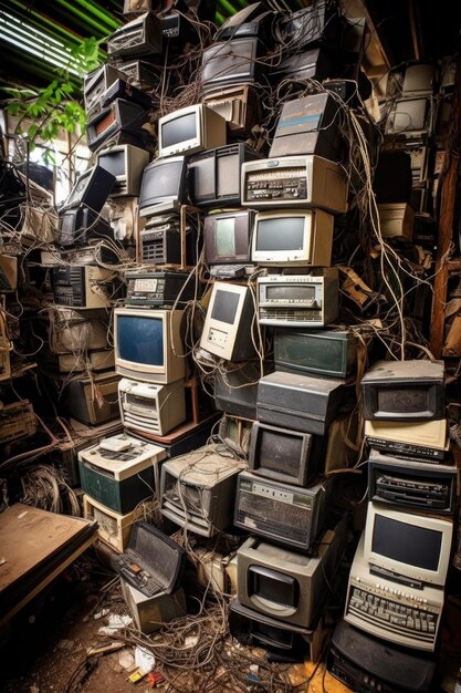 Pile di vecchi computer ed elettronica per il riciclaggio creati con l'IA generativa