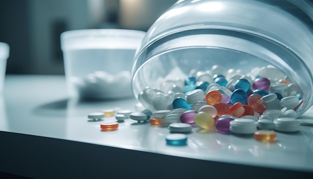 Pillola blu in un contenitore di plastica medicina di prescrizione dell'industria sanitaria generata dall'intelligenza artificiale