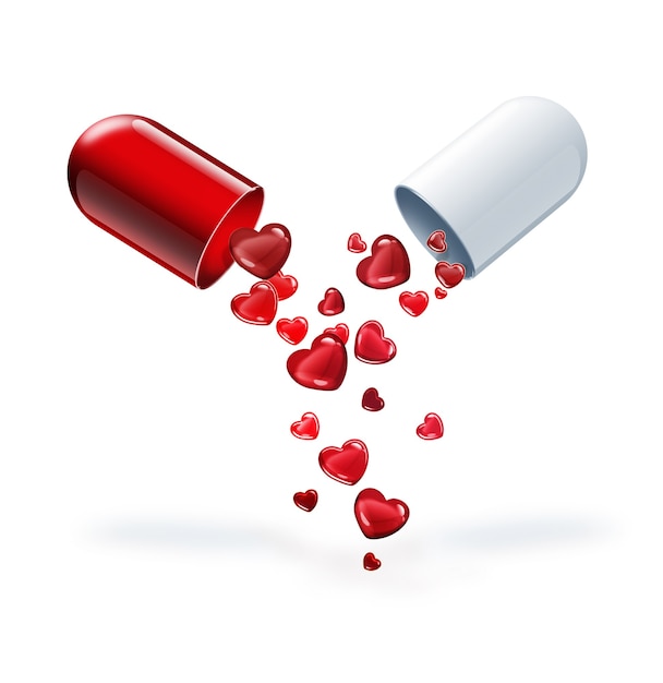 Pillola con cuori rossi su sfondo chiaro