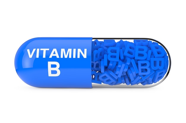 Pillola della capsula della vitamina B su una rappresentazione 3d del fondo bianco