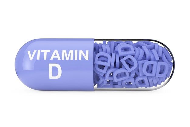 Pillola della capsula della vitamina D su una rappresentazione 3d del fondo bianco
