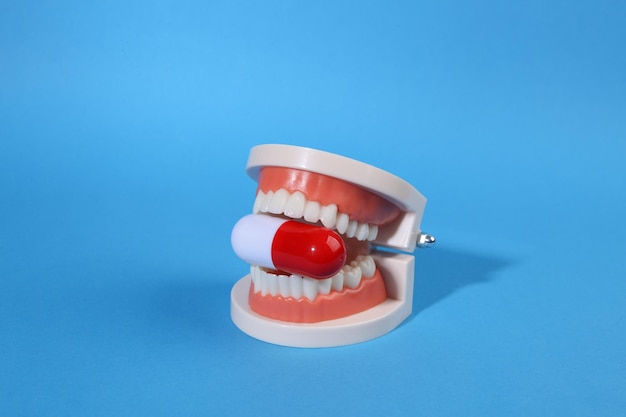 Pillola nei denti del modello della mandibola su sfondo blu