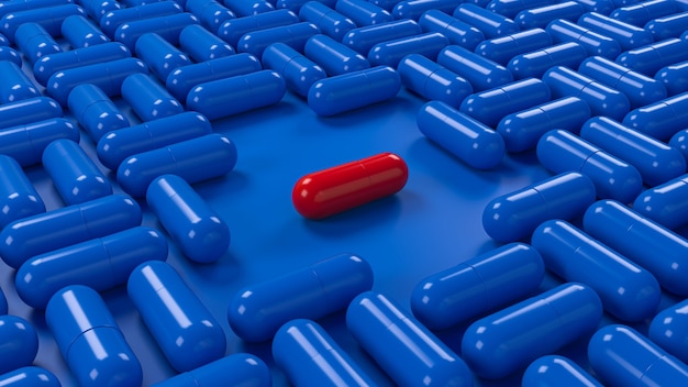 Pillola rossa in blu farmaci pillole capsule modello geometrico dello sfondo. illustrazione 3D