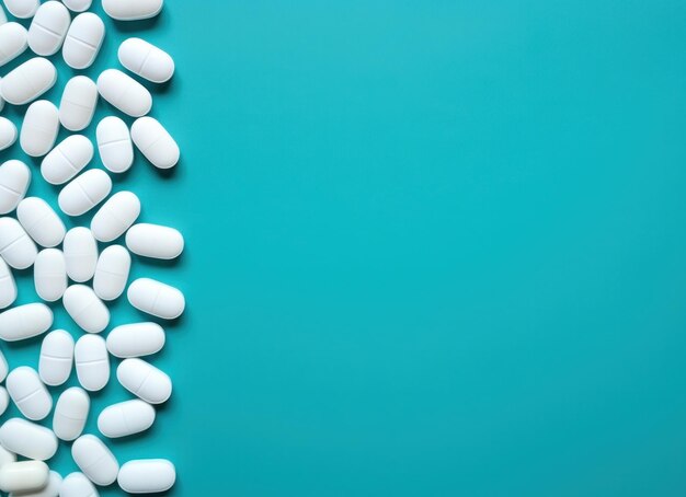 Pillole bianche su uno spazio di copia blu concetto di medicina