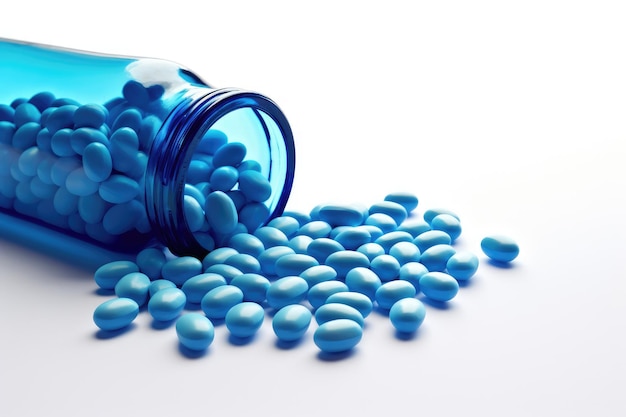 Pillole blu con bottiglia su sfondo bianco Pillole mediche digitali ai