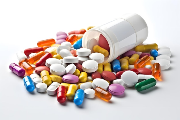 Pillole colorate che si riversano da una bottiglia di pillole su un tavolo vuoto.