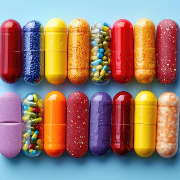 Pillole colorate disposte in una prospettiva a gradiente arcobaleno