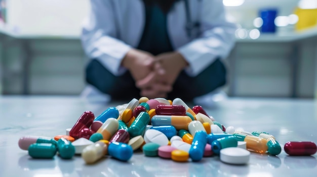 Pillole colorate sul tavolo concetto di farmacia e dottore