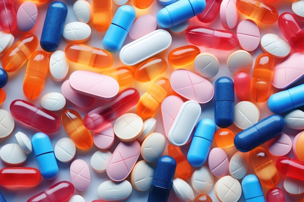 pillole di diversi colori e forme in un contenitore di plastica close up Pile di pillole e capsule colorate in confezioni a blister AI Generato