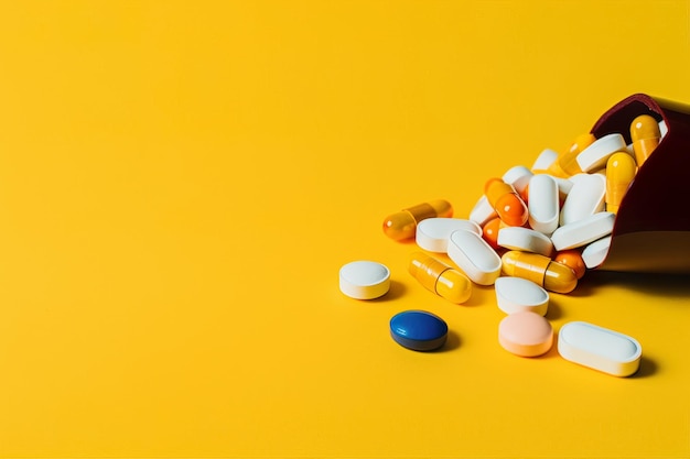 Pillole di droga o medicina sul tavolo su sfondo giallo