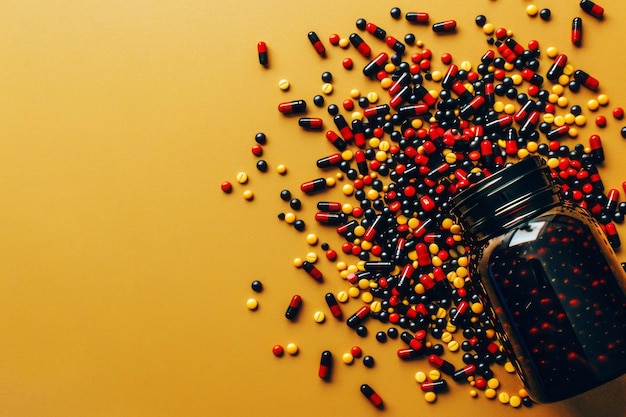 Pillole di medicina versate da bottiglie di plastica su sfondo arancione medicine concetti creativi