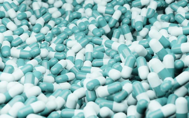 Pillole di menta capsule modello sfondo Industria farmaceutica mucchio medicina e vitamine prodotti sanitari farmacia e farmaco integratore alimentare antibiotici e antidolorifici illustrazione 3d