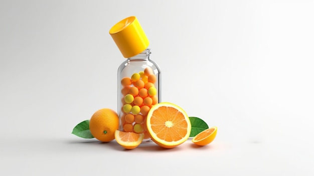 Pillole di vitamina C e bottiglia di succo d'arancia fresco su sfondo bianco Generativo Ai