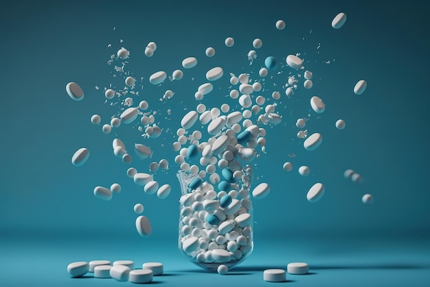 Pillole e capsule di medicina bianche e azzurre che cadono nell'aria Girato in studio su sfondo blu