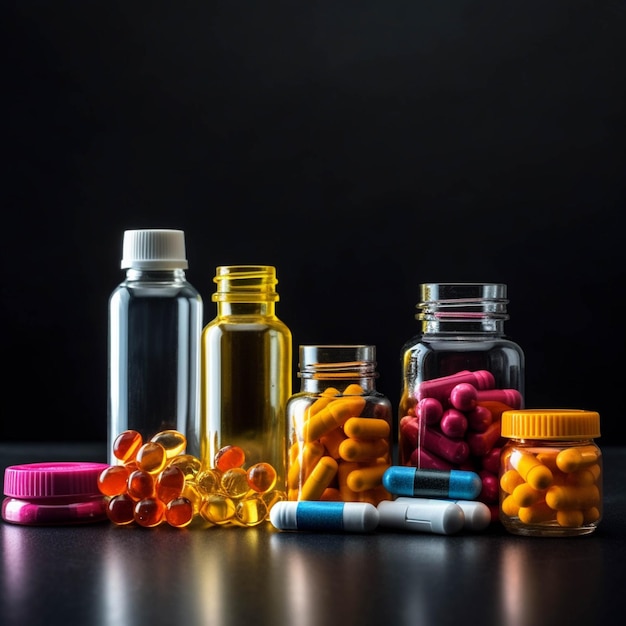 Pillole e capsule di medicina farmaceutica su sfondo nero con spazio per la copia