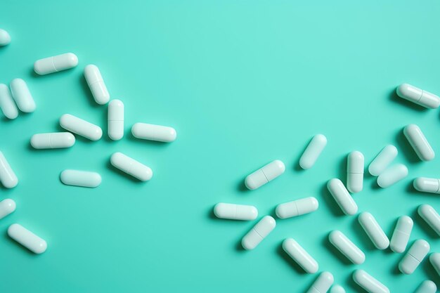 Pillole farmaceutiche su sfondo verde vista dall'alto