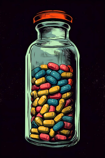 Pillole mediche in una bottiglia in piedi