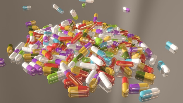 Pillole mediche multicolori di rendering 3D che cadono dall'alto verso il basso