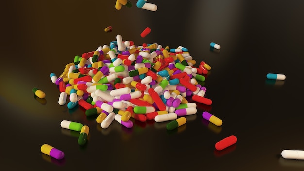 Pillole mediche multicolori di rendering 3D che cadono dall'alto verso il basso