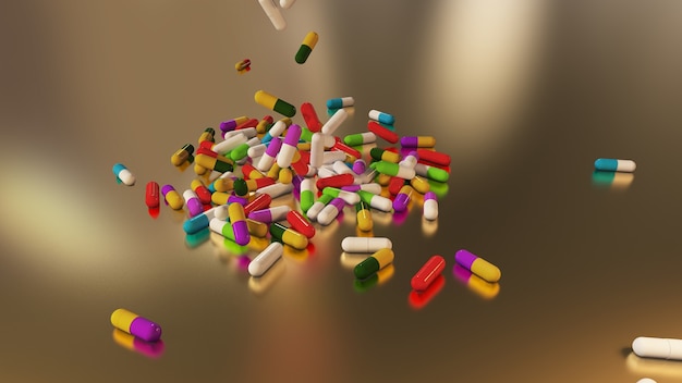 Pillole mediche multicolori di rendering 3D che cadono dall'alto verso il basso