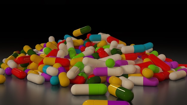 Pillole mediche multicolori di rendering 3D che cadono dall'alto verso il basso