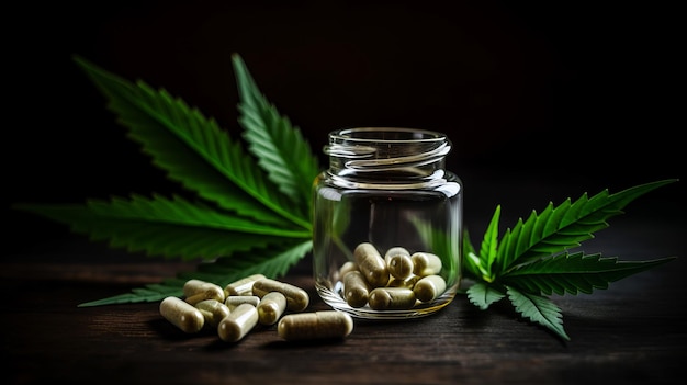 Pillole medicinali di CBD accanto a una foglia di cannabis Al generato