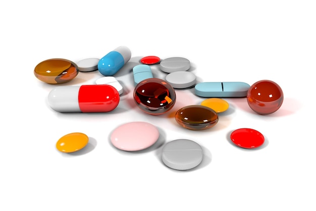 Pillole medicinali e capsule su un tavolo isolato su sfondo bianco