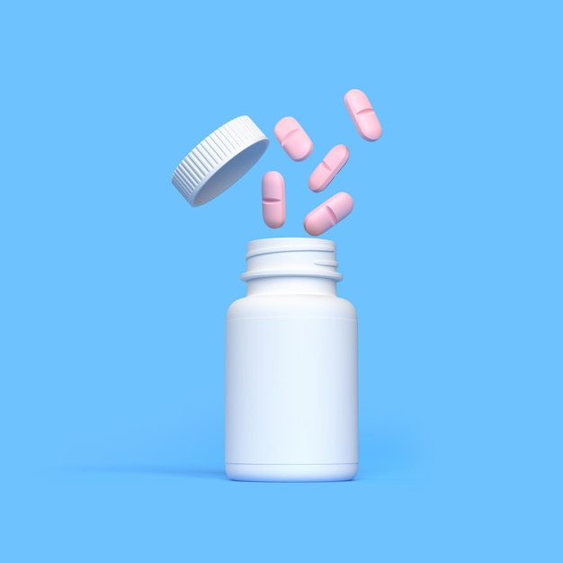 Pillole rosa che si riversano da una bottiglia di farmacia bianca su uno sfondo blu